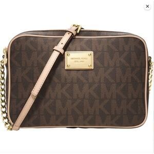 Michael Kors Brown Gold Monogram Jet Set Travel Large East West Crossbody Bag